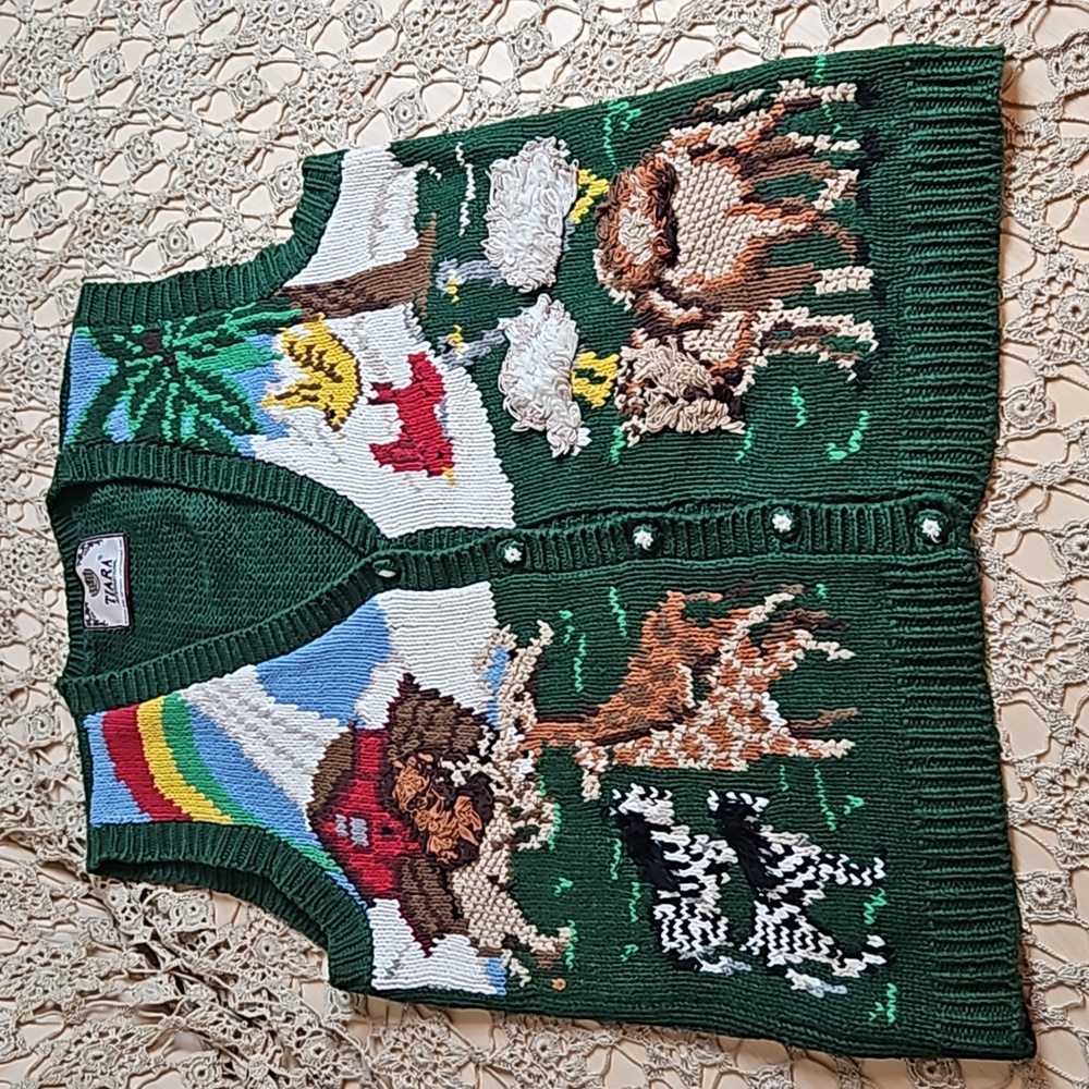 Vintage Tiara International Noah's Ark V-Neck Button-Up 3D Sweater Vest